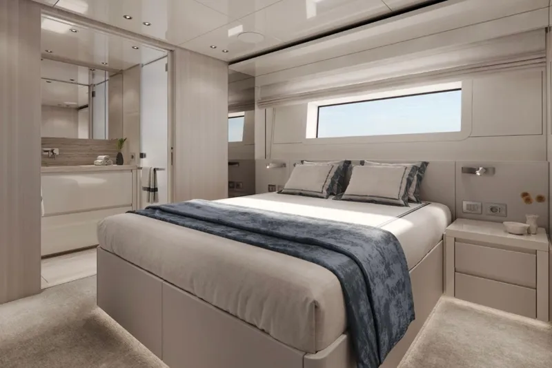  Yacht Photos Pics Luxurious bedroom interior of 2027 Sanlorenzo SD118 yacht, featuring modern design and elegant decor.