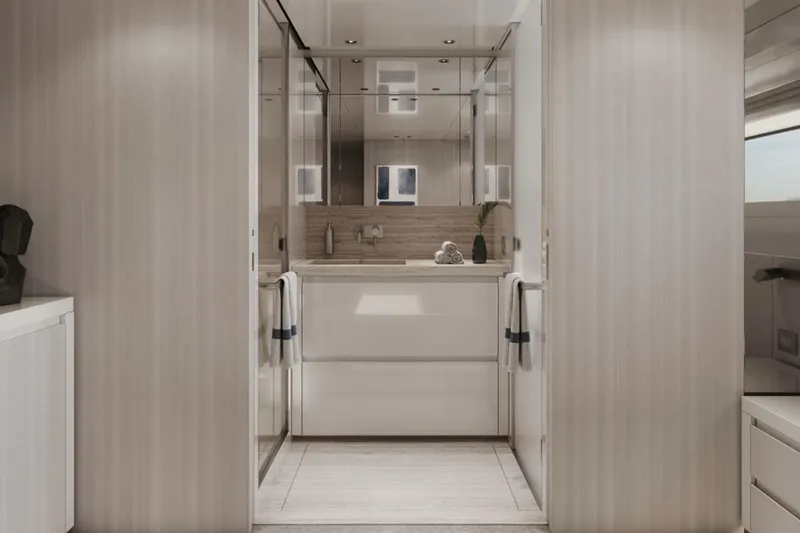  Yacht Photos Pics Luxurious bathroom interior of 2027 Sanlorenzo SD118 yacht, featuring modern design and elegant fixtures.