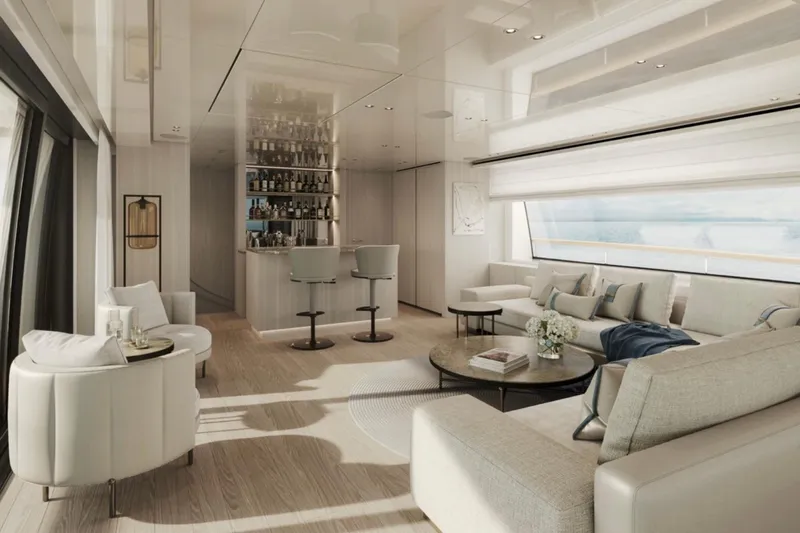  Yacht Photos Pics Luxurious interior of 2027 Sanlorenzo SD118 yacht with elegant seating and modern bar area.
