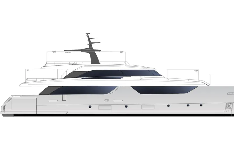  Yacht Photos Pics Side view of 2027 Sanlorenzo SD118 yacht, showcasing sleek design and modern architecture.