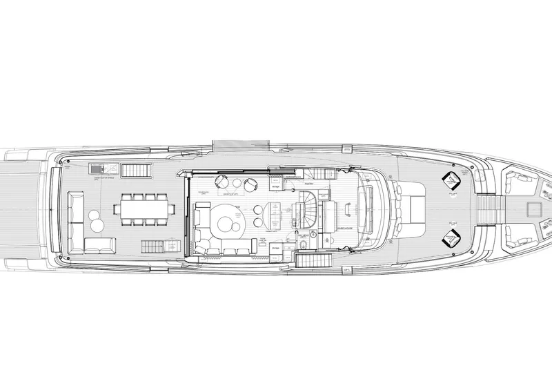  Yacht Photos Pics Deck layout of 2027 Sanlorenzo SD118 yacht, featuring spacious seating and dining areas.