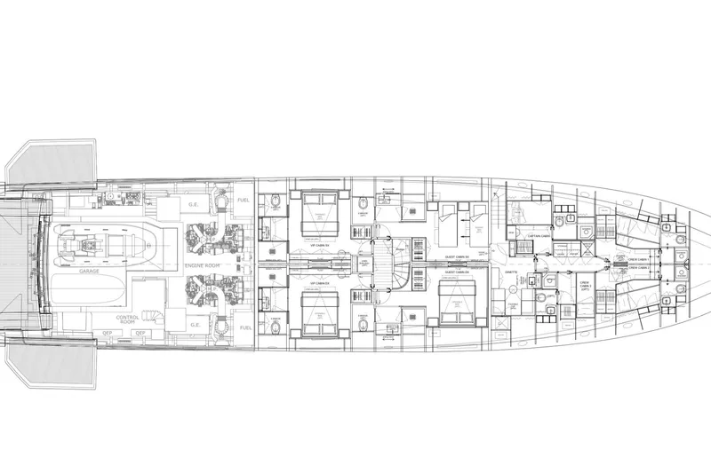 Yacht Photos Pics Floor plan of 2027 Sanlorenzo SD118 yacht, showcasing detailed cabin and engine room layout.