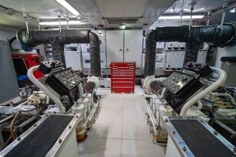 Flying Dutchman Yacht Photos Pics Engine room of 1984 Lloyds Ships Tri-Deck yacht with machinery and control panels.