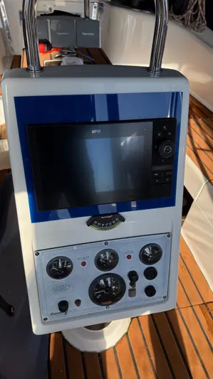  Yacht Photos Pics Control panel of a 2004 Catalina 470 sailboat with navigation instruments.