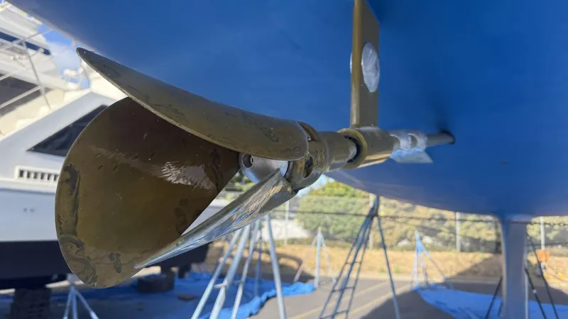  Yacht Photos Pics Close-up of a 2004 Catalina 470 sailboat propeller and shaft.