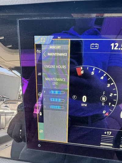  Yacht Photos Pics Dashboard display of 2024 Sea Ray Sundancer 320 Outboard showing maintenance and engine hours.