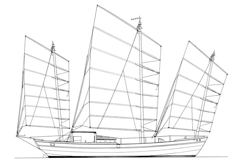 Tien Hou Yacht Photos Pics Line drawing of 2002 Parker Marine Enterprises Lorcha 50 sailboat with three sails.