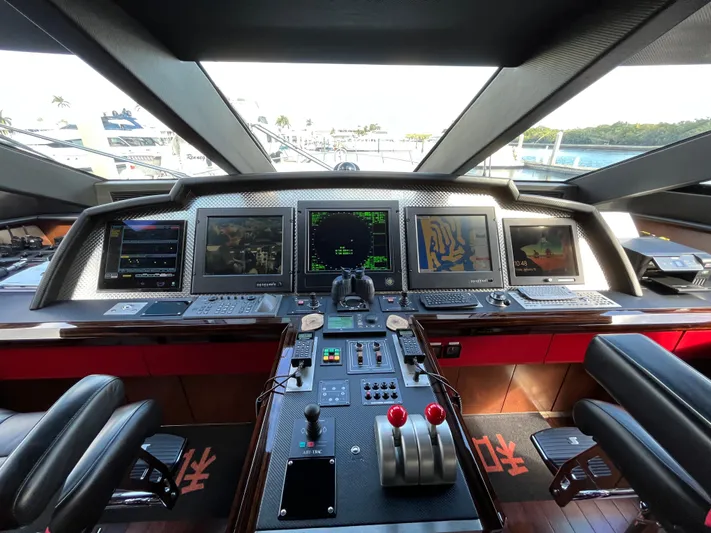 Izumi Yacht Photos Pics Cockpit of 2008 Palmer Johnson 120 yacht with advanced navigation systems and controls.