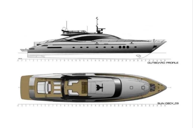 Izumi Yacht Photos Pics Side and top view of 2008 Palmer Johnson 120 yacht design.