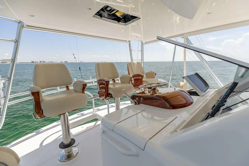 Da'grits Yacht Photos Pics Luxurious 2018 Viking 62 Convertible yacht helm with ocean view and plush seating.