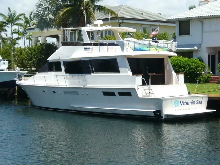 Vitamin Sea Yacht Photos Pics 1990 Viking Cockpit Motor Yacht docked by waterfront homes, named "Vitamin Sea."