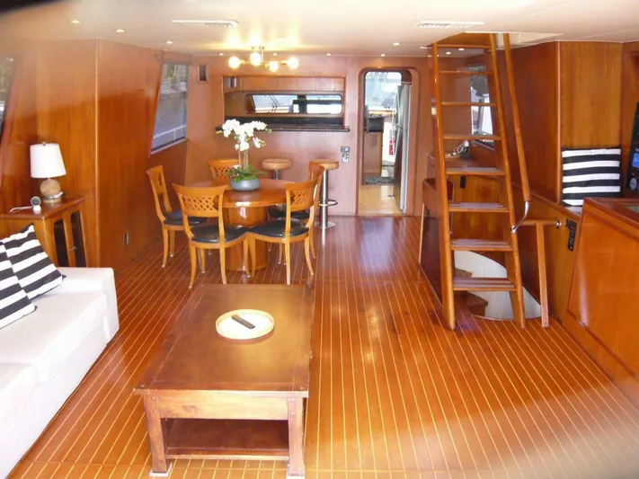 Vitamin Sea Yacht Photos Pics Luxurious interior of a 1990 Viking Cockpit Motor Yacht with wooden furnishings and elegant decor.