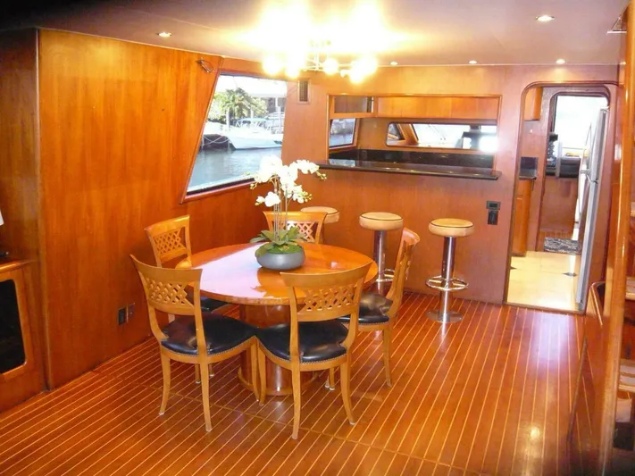 Vitamin Sea Yacht Photos Pics Luxurious interior of a 1990 Viking Cockpit Motor Yacht with elegant wood finishes.