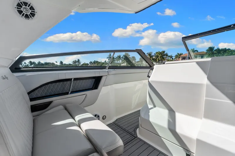  Yacht Photos Pics Interior of 2020 Sea Ray 400 SLX Outboard with luxurious seating area.