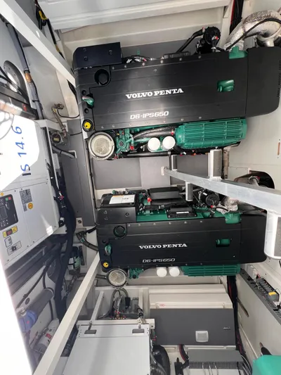  Yacht Photos Pics Engine room of a 2023 Prestige 520 yacht with Volvo Penta engines.