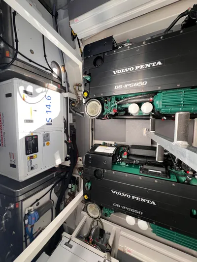  Yacht Photos Pics Engine room of 2023 Prestige 520 yacht with Volvo Penta engines.