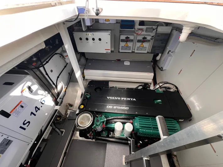  Yacht Photos Pics Engine room of 2023 Prestige 520 yacht with Volvo Penta engine and electrical systems.