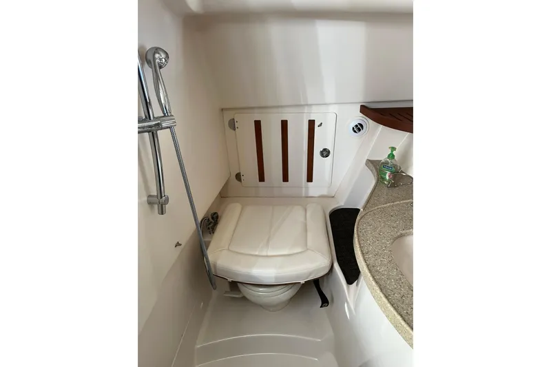  Yacht Photos Pics 2015 Grady-White Freedom 375 boat bathroom with shower and sink.