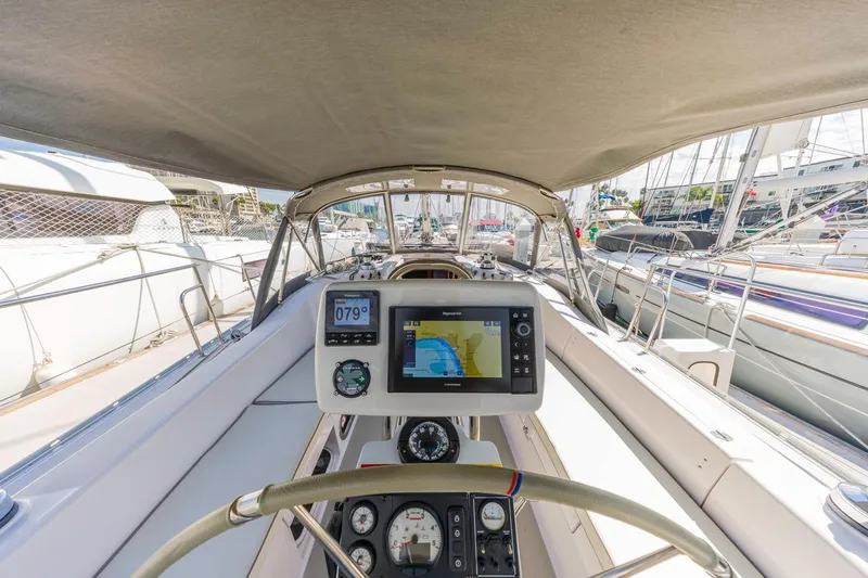 Nina Mia Yacht Photos Pics Cockpit view of a 2018 Catalina 385 sailboat with navigation equipment.