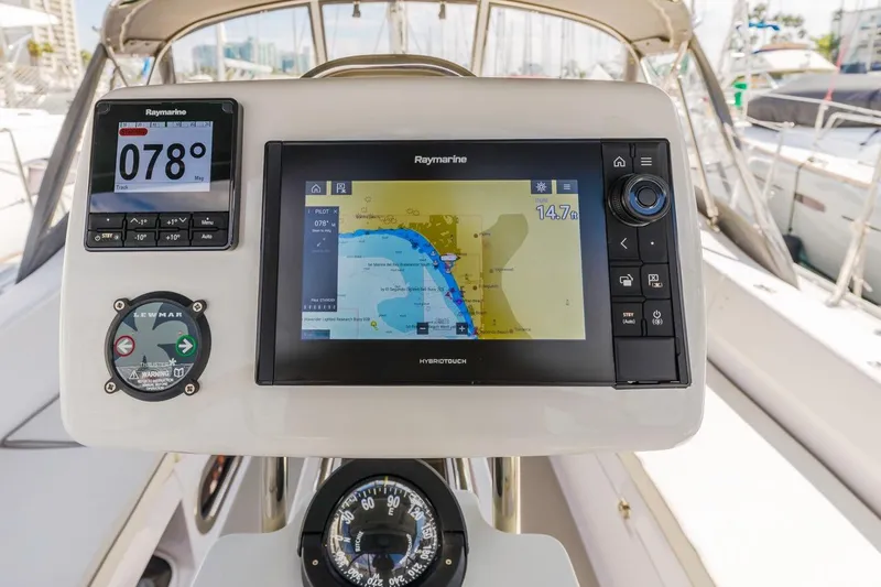 Nina Mia Yacht Photos Pics Cockpit navigation system on a 2018 Catalina 385 sailboat, featuring Raymarine displays.