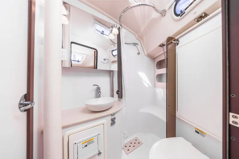 Nina Mia Yacht Photos Pics 2018 Catalina 385 yacht bathroom with modern fixtures and compact design.