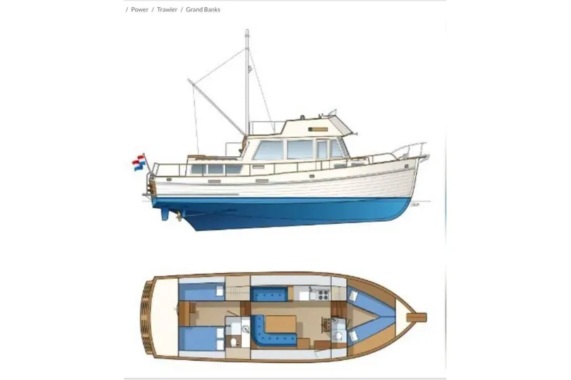 Yonder Yacht Photos Pics 1984 Grand Banks 36 Classic trawler illustration with interior layout.