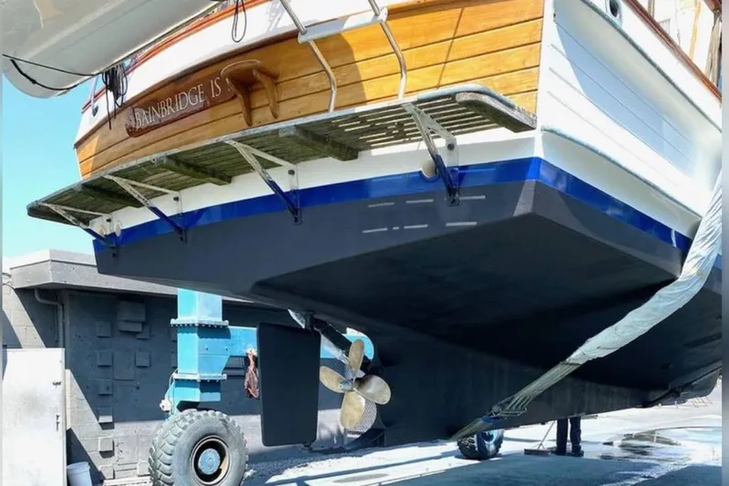 Yonder Yacht Photos Pics 1984 Grand Banks 36 Classic yacht in dry dock, showcasing hull and propeller.