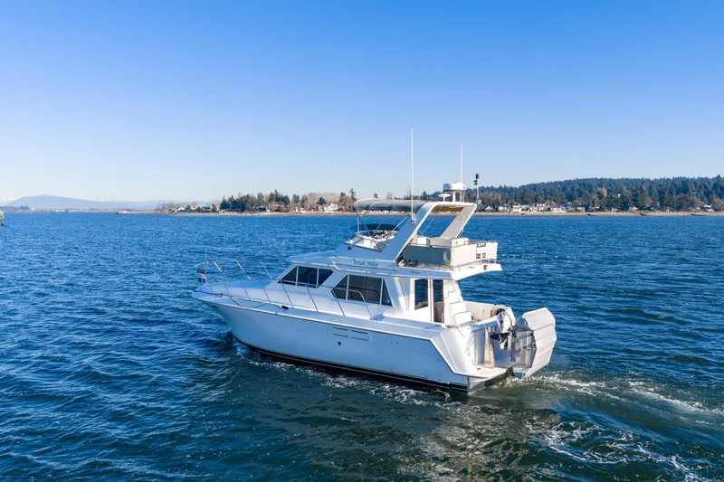  Yacht Photos Pics 2003 Navigator 3900 yacht cruising on a clear blue sea with scenic coastline.