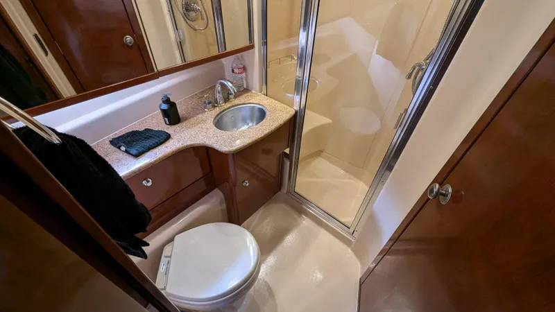  Yacht Photos Pics 2008 Meridian 341 Sedan bathroom with shower, sink, and toilet in compact, elegant design.