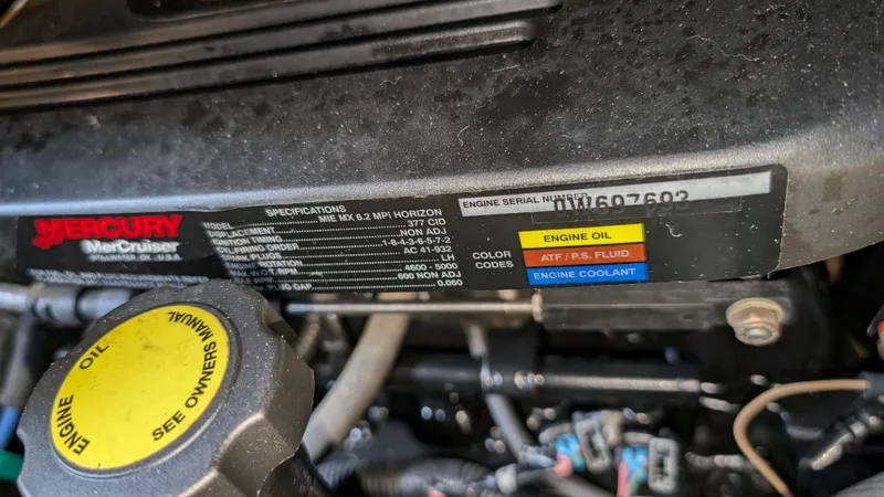  Yacht Photos Pics Engine compartment of a 2008 Meridian 341 Sedan with Mercury MerCruiser specifications.