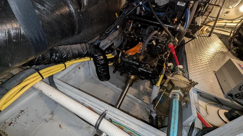  Yacht Photos Pics Engine compartment of a 2008 Meridian 341 Sedan with visible wiring and components.