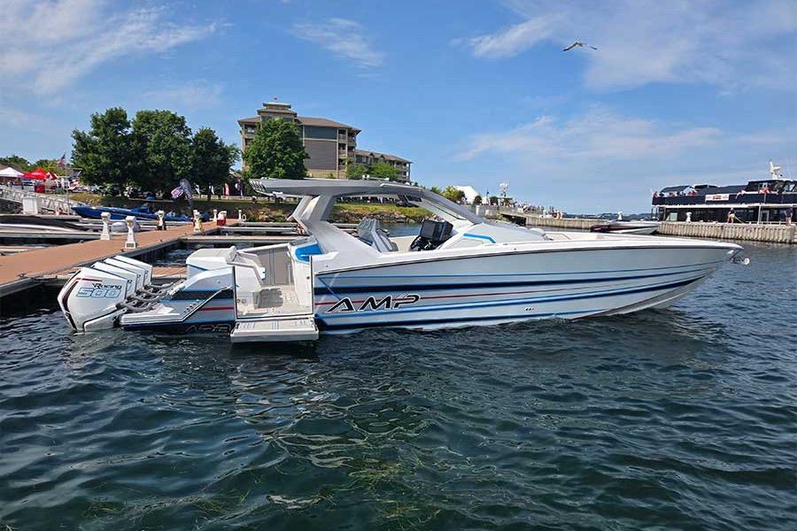 2026 American Marine Performance AMP 433 boat docked on a sunny day.