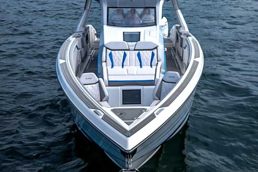 2026 American Marine Performance AMP 433 boat on water, showcasing sleek design and luxury seating.