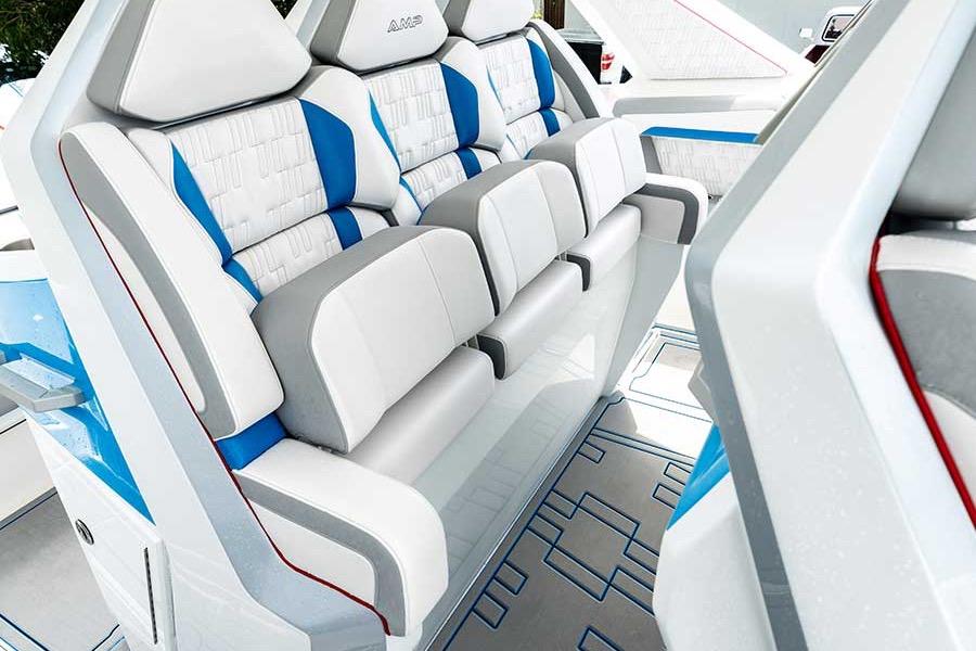 Luxurious interior seating of 2026 American Marine Performance AMP 433 boat, featuring modern design.
