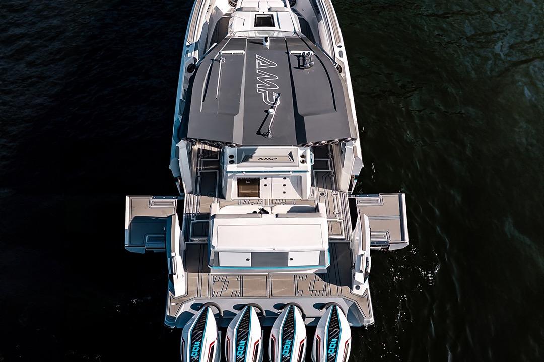 Aerial view of 2026 American Marine Performance AMP 433 boat on water.