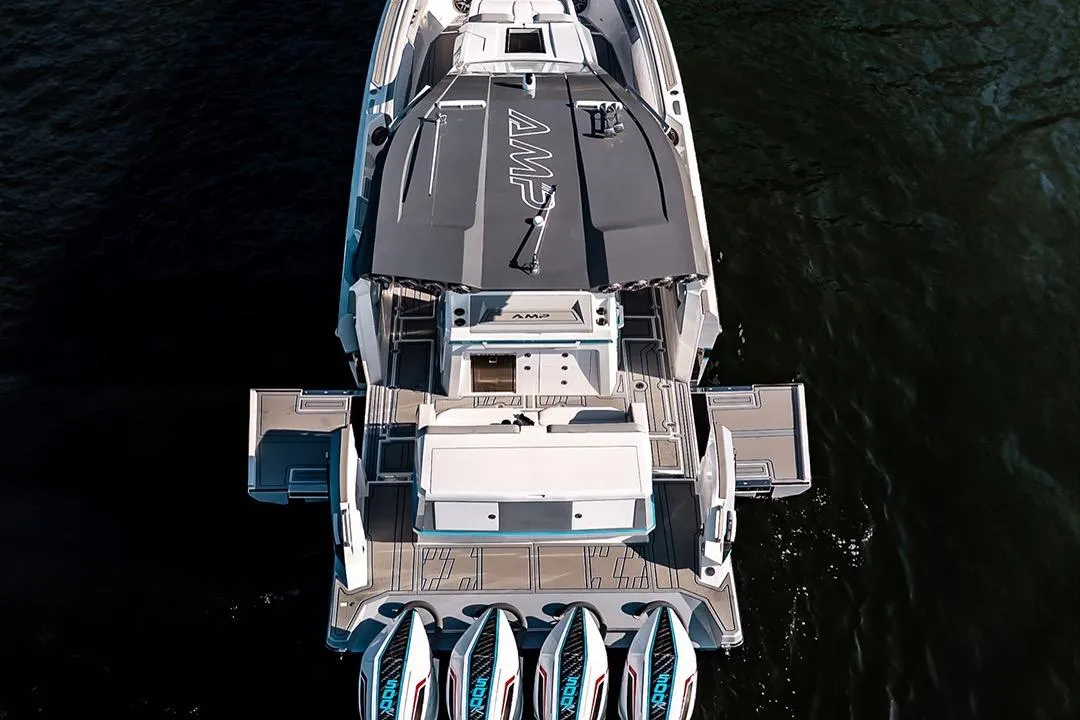Aerial view of 2026 American Marine Performance AMP 433 boat on water.