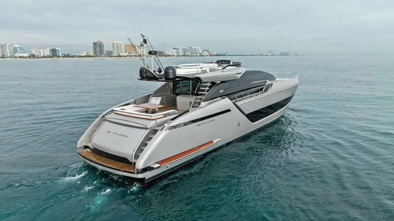 Our Trade Yacht Photos Pics 2021 Riva 88' FOLGORE luxury yacht cruising on open water.