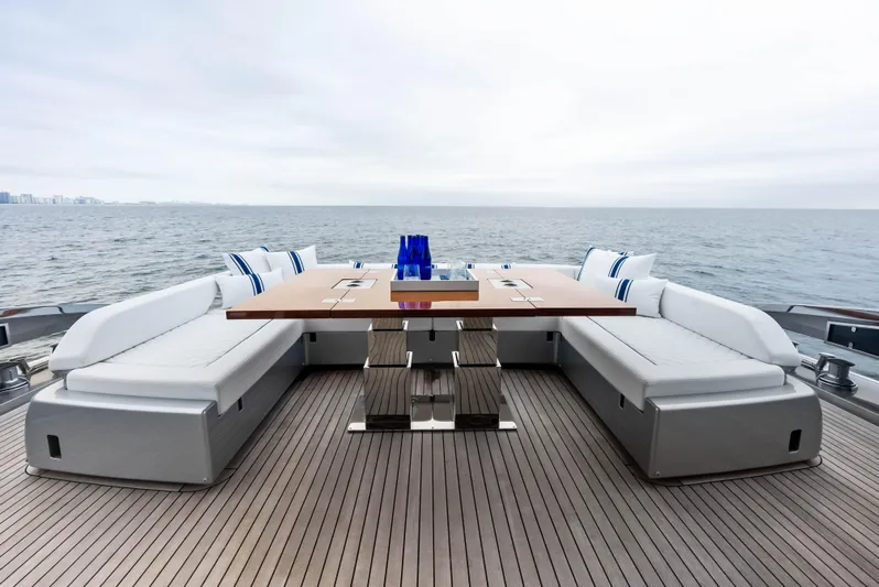 Our Trade Yacht Photos Pics Luxury deck seating on 2021 Riva 88' FOLGORE yacht with ocean view.