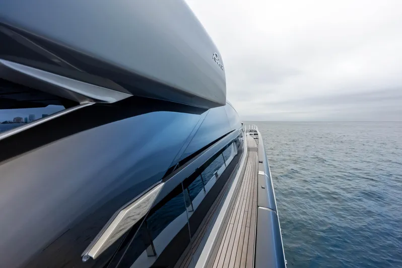 Our Trade Yacht Photos Pics Side view of 2021 Riva 88' FOLGORE yacht on the ocean.