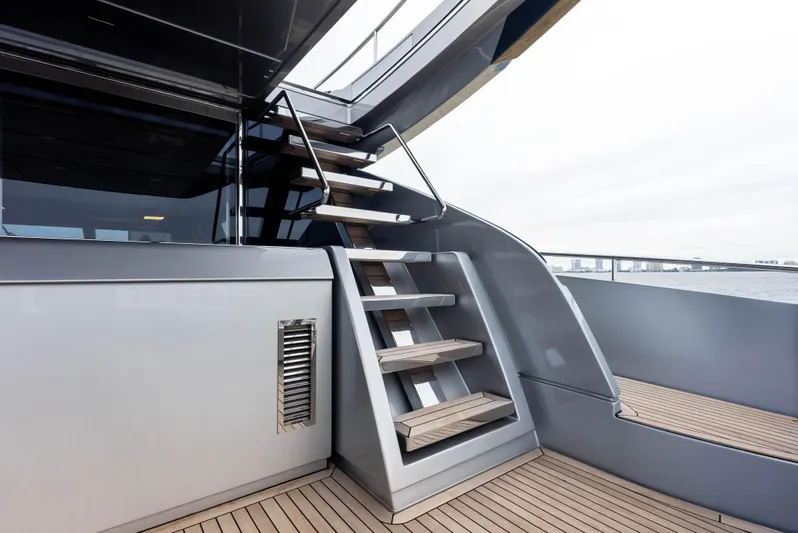 Our Trade Yacht Photos Pics Staircase on the deck of a 2021 Riva 88' FOLGORE yacht.