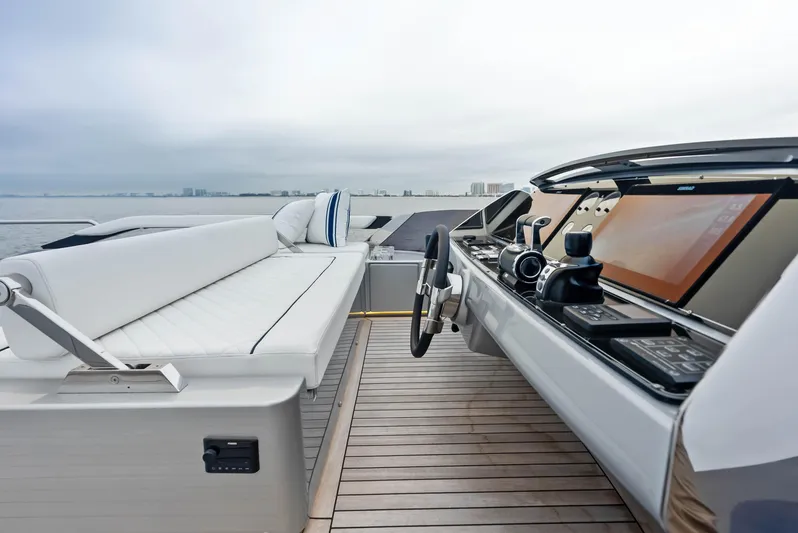 Our Trade Yacht Photos Pics Riva 88' FOLGORE 2021 yacht helm station with modern controls and white seating.