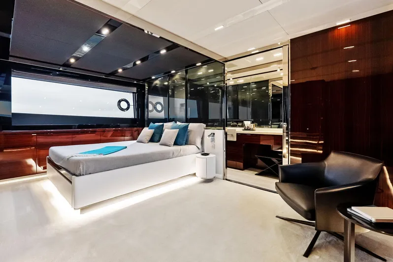 Our Trade Yacht Photos Pics Luxurious bedroom interior of 2021 Riva 88' FOLGORE yacht with modern design.
