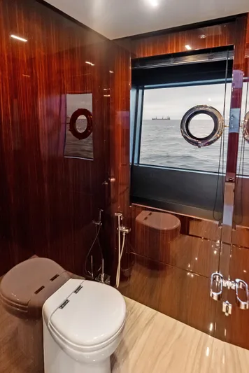 Our Trade Yacht Photos Pics Luxurious bathroom on 2021 Riva 88' FOLGORE yacht with ocean view.