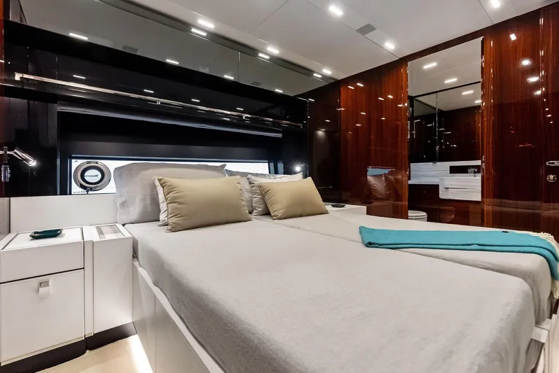 Our Trade Yacht Photos Pics Luxurious bedroom interior of 2021 Riva 88' FOLGORE yacht with modern design.