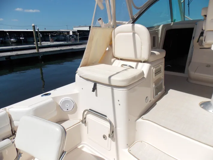  Yacht Photos Pics 2015 Grady-White Express 370 boat interior with seating and dock view.