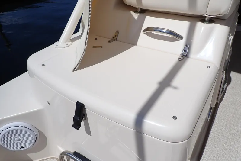  Yacht Photos Pics 2015 Grady-White Express 370 boat seating area with speaker and handle.