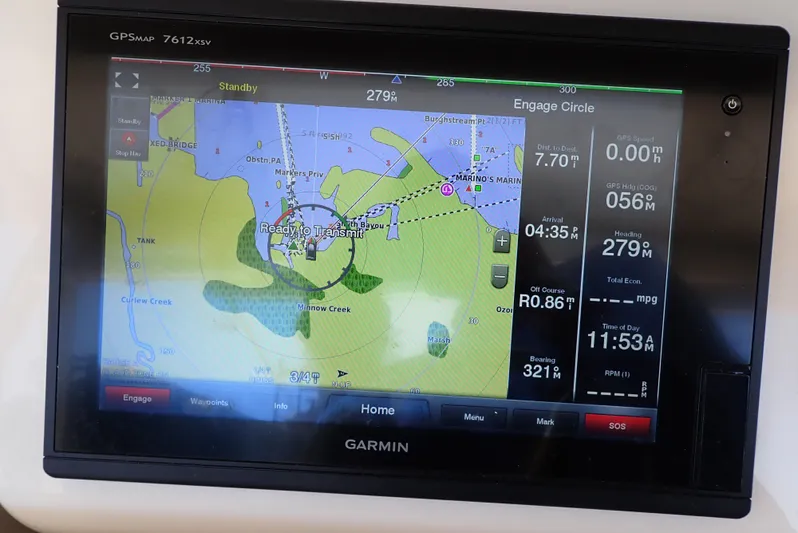  Yacht Photos Pics Garmin GPS display on 2015 Grady-White Express 370 boat, showing navigation map and data.