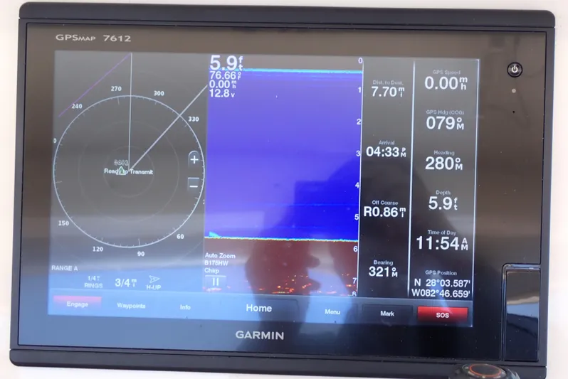  Yacht Photos Pics Garmin GPS display on 2015 Grady-White Express 370 boat, showing navigation and sonar data.