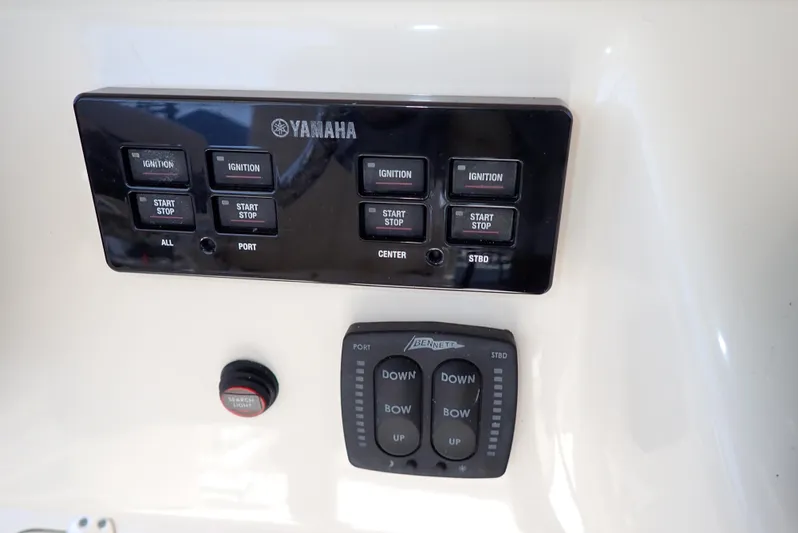  Yacht Photos Pics Control panel of a 2015 Grady-White Express 370 boat with Yamaha controls.