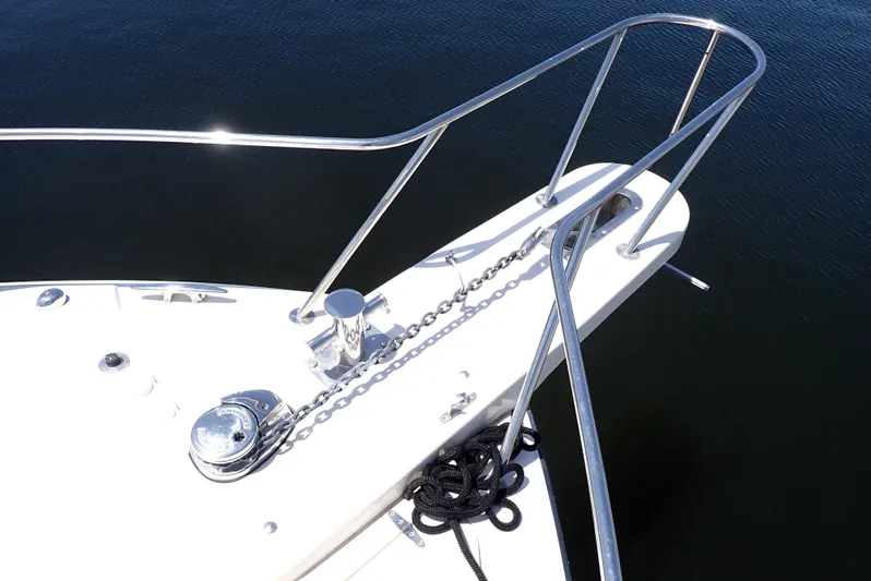  Yacht Photos Pics Bow of 2015 Grady-White Express 370 with anchor chain and railing.